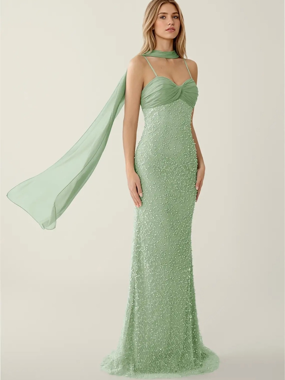 Azazie Jasiminiah Sage Green Beaded Maxi Gown